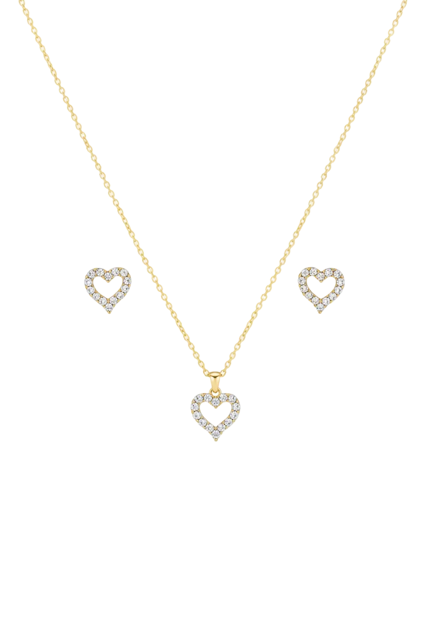 Cadena con Dije de Corazón y Zirconia – Chapado en Oro 18K y aretes a juego